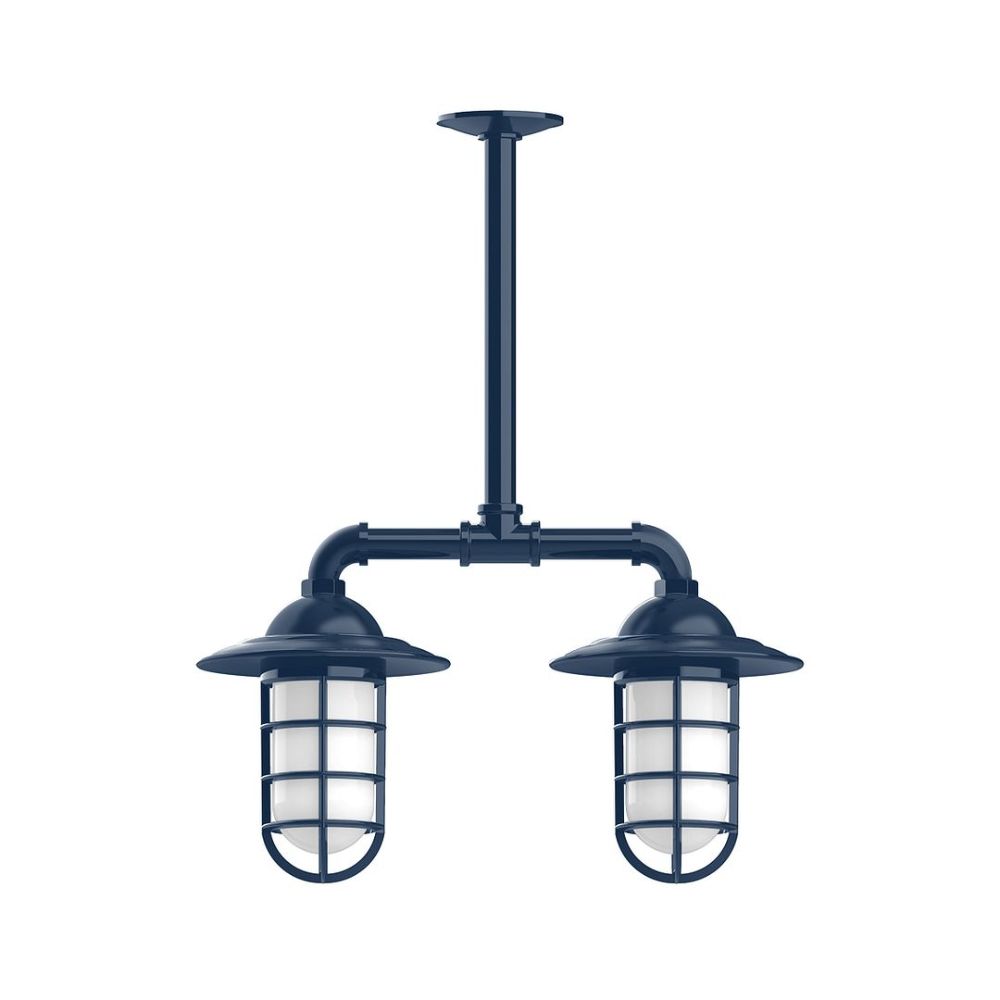 Montclair Lightworks MSA052-50-T24-G07 Vaportite, Style A shade, 2-light stem hung pendant with frosted glass and cast guard, Navy